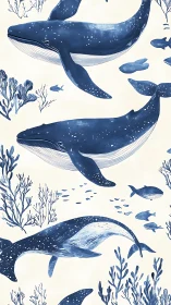 Blue whale pattern with marine plants and small fish forms.