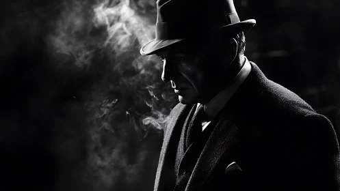 Man in fedora stands in harsh sidelight amid drifting smoke