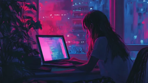 Late-night coder glowing in cozy neon city light.