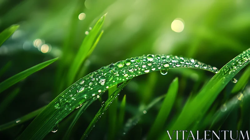 Dew-covered grass blade captures dawn light and color.