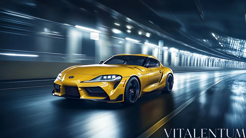 Yellow sports coupe racing through illuminated tunnel at night.