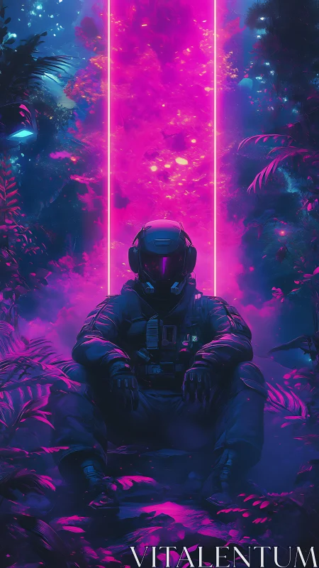 Cyberpunk sentry in neon jungle with vertical portal construct.