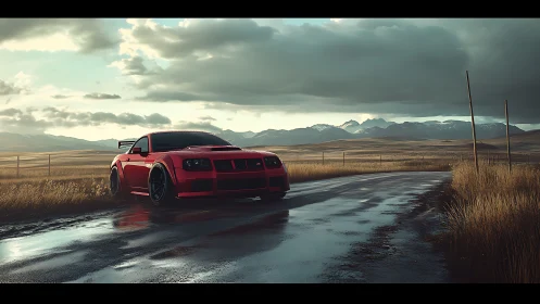 Scarlet sports car resting on a rain-washed country road.