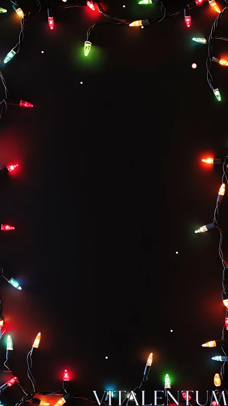 Colorful holiday string lights gently frame a cozy night scene