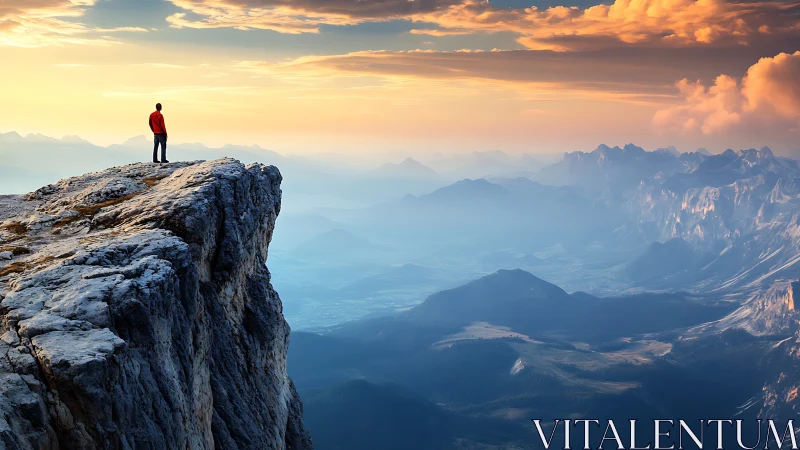 Photorealistic alpine vista with solitary figure on cliff edge.