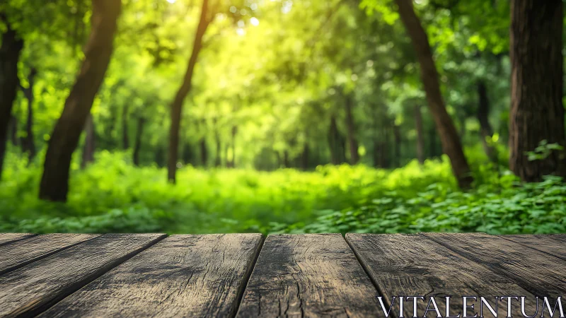Wooden Deck Foreground with Depth-of-Field Forest Landscape Background