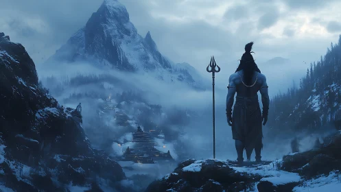 Mythic sentinel overlooking snowbound Himalayan citadel landscape.