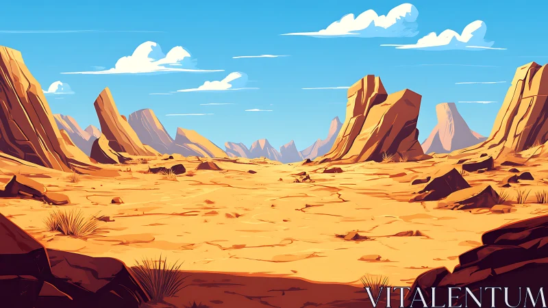 Rocky desert basin under clear blue sky with distant mesas.