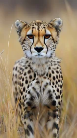 Cheetah stands poised in golden grassland, gaze locked ahead
