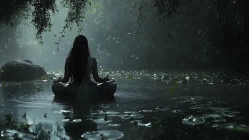 Backlit yogi meditates on misty lotus pond in dense forest
