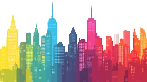 Rainbow skyline dreams paint a neon-drenched modern metropolis.
