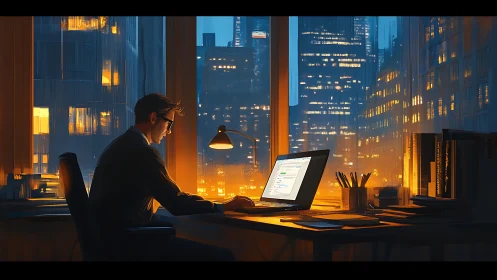 Night office worker at laptop under warm city lights glow.