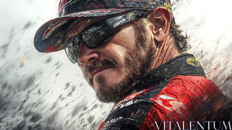 Close-up portrait of motorsport driver in racing gear.