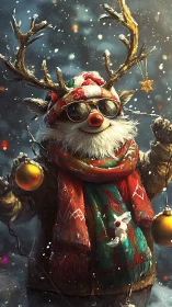 Stylized winter reindeer portrait with festive optical detail.