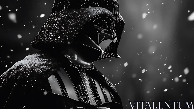 Armored dark figure in snowlit cinematic close-up portrait.