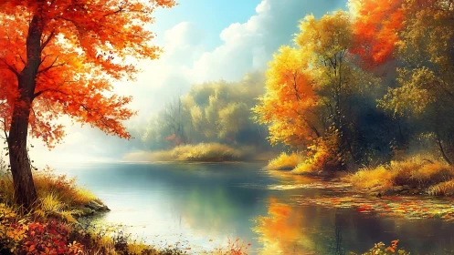 Bright autumn river landscape with colorful forest reflections.