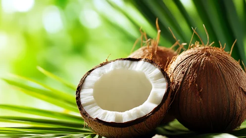Fresh brown coconuts rest on palm leaves in bright sunlight
