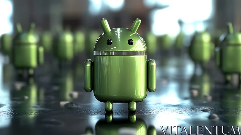 Glossy green android mascot stands on reflective surface.