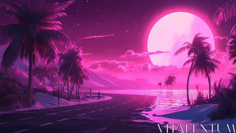 Neon-lit coastal highway curves beside palm-fringed shoreline