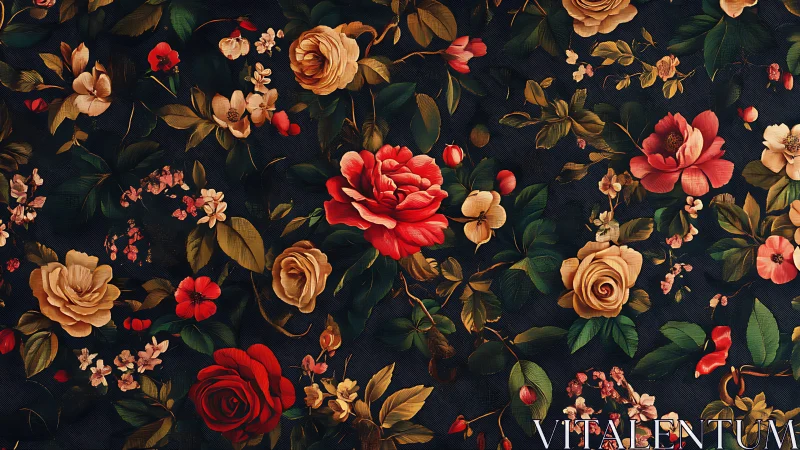 Baroque floral pattern with red and ochre roses on dark ground