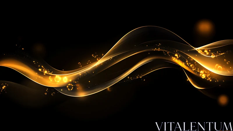 Luminous golden waveforms arc across black space with particle glow