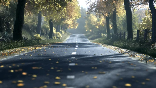 Sunlit autumn roadway vanishing into misty forest calm.