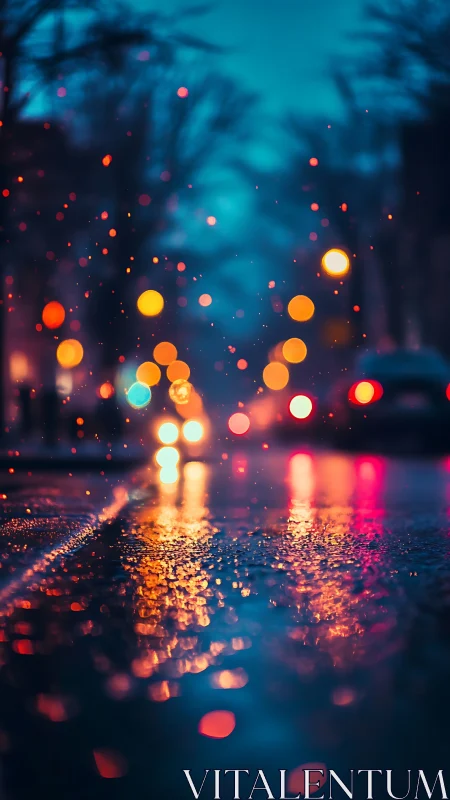 Rainy city street glows with dreamy bokeh lights at dusk