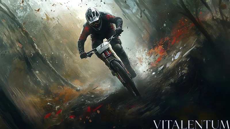 Downhill mountain biker carves a trail through misty forest.