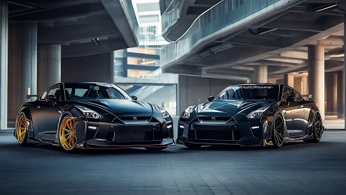 Sleek twin sports cars glowing under an urban overpass.