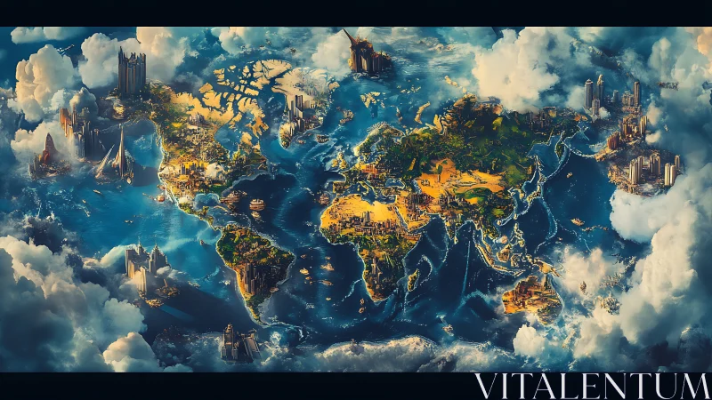 Dreamlike world map wrapped in futuristic floating cities.