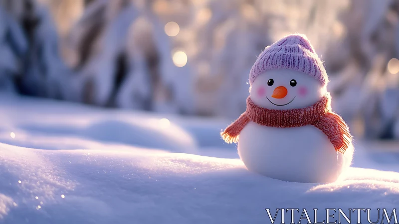 Tiny winter ambassador beams under blush-pink sunrise glow