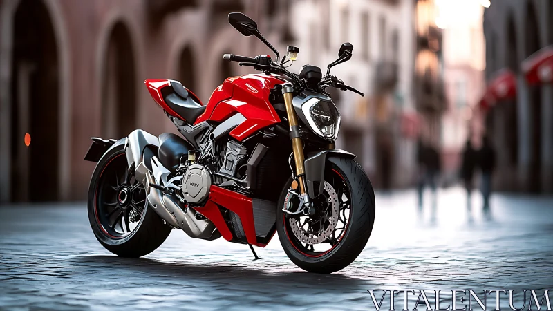 Red streetfighter motorcycle stands poised in a sunlit city.