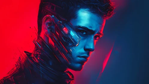 Cybernetic man glares under intense red blue neon light