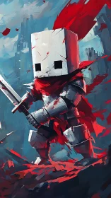 Block-headed armored figure holds sword in stylized landscape