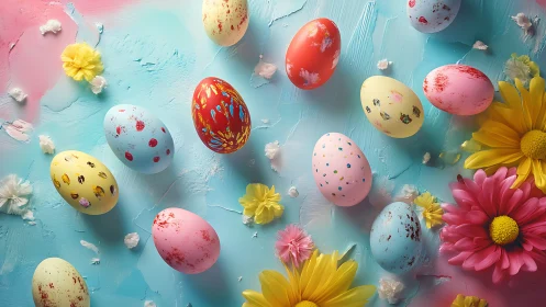 Colorful Easter eggs rest among bright spring flowers on pastel hues
