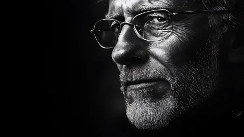 Silver-bearded skeptic in razor-edged monochrome glare.