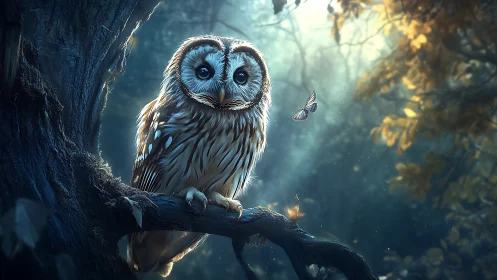 Mystical Owl Perched on Tree Branch in Dreamy Forest Scene.