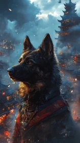 Regal canine sentry amid neo-feudal lantern cityscape at dusk.