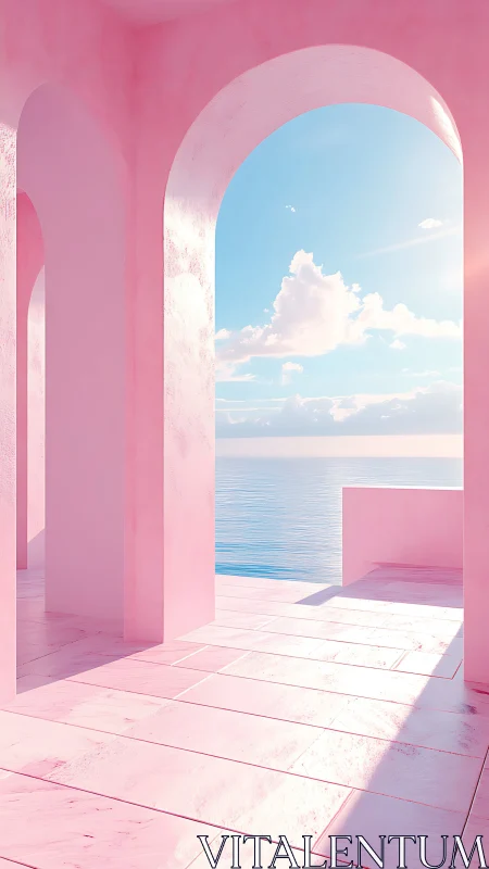 Pink coastal arcade uses soft global illumination and planar reflections