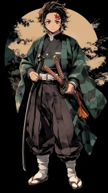 Moonlit young swordsman poised before storm-burnished sky.