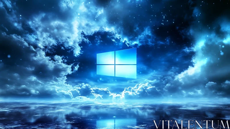 Backlit Windows logo floats in luminous storm-cloud nebula sky