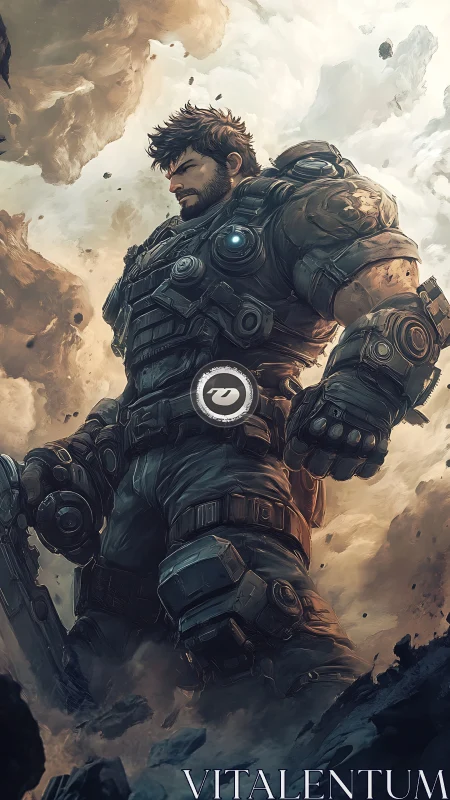 Armored space marine ascending through swirling storm clouds.