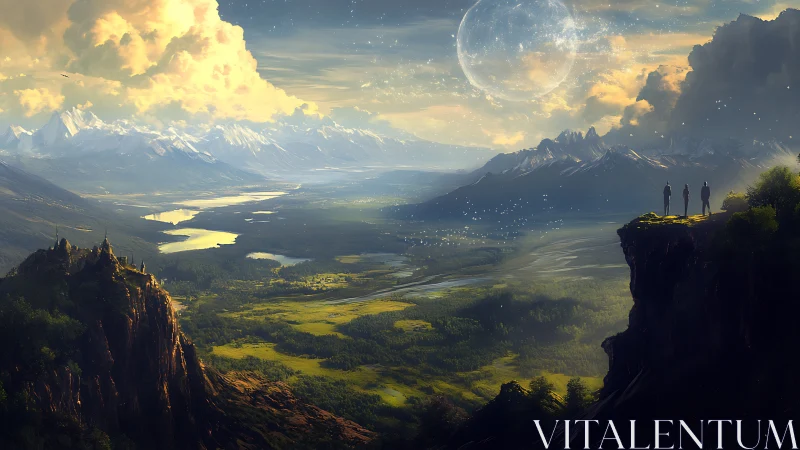 Travelers gaze across a luminous alien valley at twilight