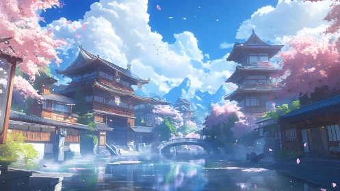Gentle cherry blossom town rests by a quiet mountain stream