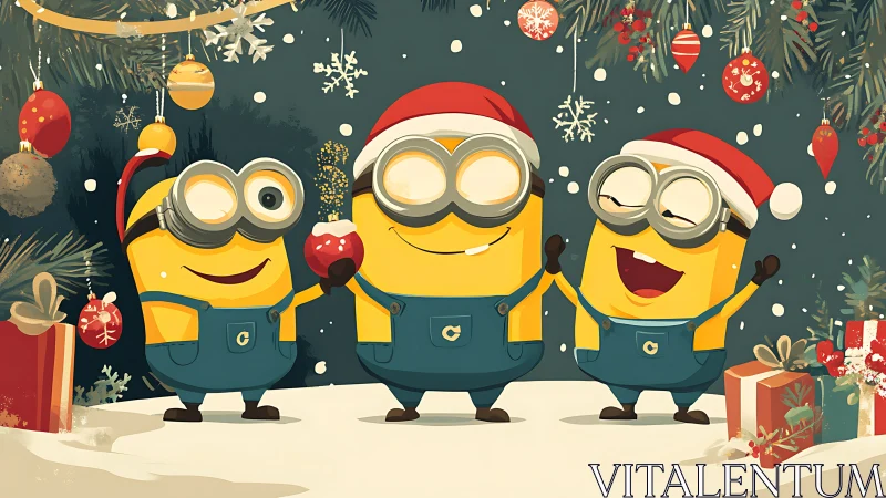 Cartoon yellow helpers celebrating festive winter holiday