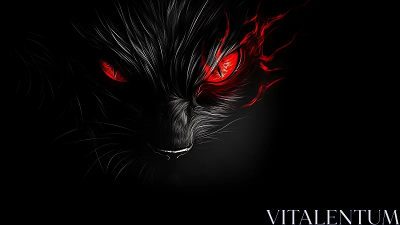 Dark demonic cat face with glowing red eyes on black