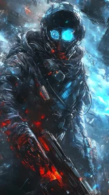 Frostbitten void trooper with neon eyes and ember rifle.