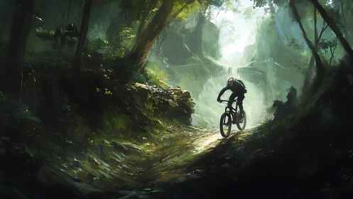 Mountain Biker Traversing Luminous Forest Canyon.