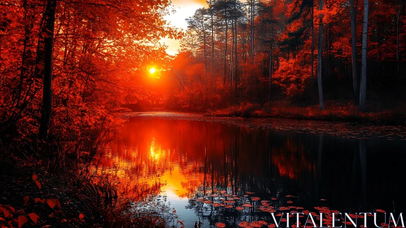 Fiery autumn sunset glows gently across a quiet forest lake