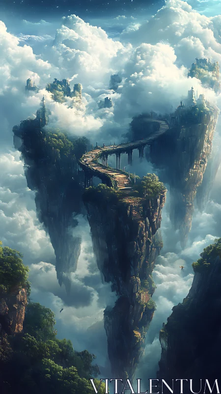 Floating stone islands rise through clouds, linked by path